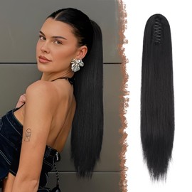 FESHFEN Long Ponytail Hairpiece - Straight Black Braid Extensions with Clip Synthetic Hair Extension Claw Clip in Ponytail Hair Extension for Women, 63 cm