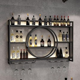 XYJGJGC 39" Upgrade Metal Wall Mounted Wine Rack with LED Lighting 3-Tier Large Capacity Hanging Bar Shelf Wall Bar Cabinet Mini Bar for Home Bar Dining Room Kitchen Living Room (Black, 39in)