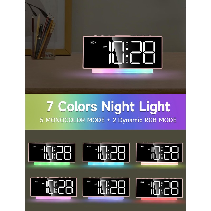 Cadmos Modern Curved Cute Digital Alarm Clock,Colorful Led Display,Adjustable Volume,Weekday/Weekend
