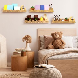 Pinkunn 4 Pcs Nursery Book Shelves 23.6 Inch Rattan Scalloped Floating Bookshelves Wicker Boho Book Shelf for Wall Mounted Decor Nursery Rooms Hanging