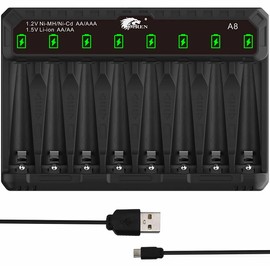IMREN AA AAA Battery Charger for NiMH Li-ion Rechargeable Batteries, Independent Slot AA Battery Charger with LED Light, 8 Bay Type-C Fast Battery Charging for 1.5V Li ion & 1.2V NiMH/NiCD Battery