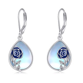 Rose Flower Earring S925 Sterling Silver Moonstone Rose Flower Dangle Drop Earring Jewelry for Women