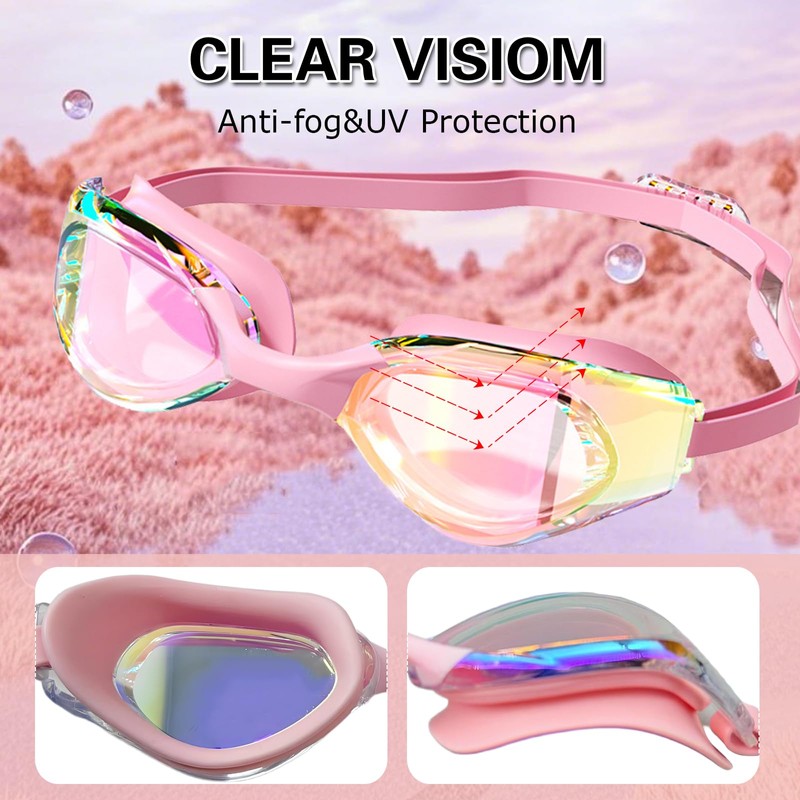 ProudDemon Swimming Goggles with Adjustable Strap, Tinted Lenses, Black/White (Pink