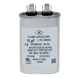 Capacitor (Oval) 10 uF ±5% 370V/440V Single Element CBB65 Motor Start, Recognized by Underwriters Laboratories (UL): GLOBE CAPACITORS