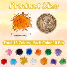 SUNNYCLUE 130Pcs Colorful Pom Poms Tinsel Pompom Bulk 1 Inch 25mm Multicolor Fibre Soft Fluffy Round Fuzzy Tinsel Ball Glitters Cat Kitten Chase Pompoms for Crafts DIY Art Christmas Party Decorations