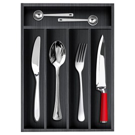 Small Kitchen Utensil Organizer Wooden Cutlery Tray Narrow Wood Silverware Holder Drawer Divider Flatware Organizer Storage Silverware Utensils Tray Black Bamboo Spoon Cutlery Organizer for Drawer