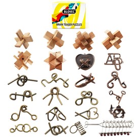 Blovec 24PCS Brain Teaser Puzzles for Adults, Mind Puzzle Ancient Wooden and Metal Puzzles 3D Unlock Interlock IQ Puzzle Box Game for Adults