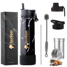 Lexlion Tea Infuser Water Bottle 22 Oz – Triple Wall Insulated Stainless Steel, Loose Leaf & Fruit Strainer, 3 Leakproof Lids, BPA-Free Silicone Sleeve, Reusable Thermal Mug
