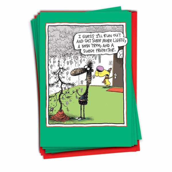 NobleWorks - 12 Funny Cards for Christmas - Boxed Cartoon Greeting Cards with Envelopes, Holiday Xmas Humor (1 Design, 12 Cards) - Surge Protector B5820