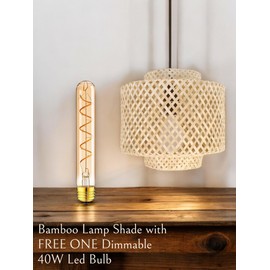 Natural Wicker Chandelier Bamboo Lamp Shade for Pendant Light-Light Fixtures Ceiling Hanging for Living Room Kitchen-Stylish Ceiling Hanging Fixture with a Free DIMMABLE 40W LED Bulb (9.8''xH10.6)