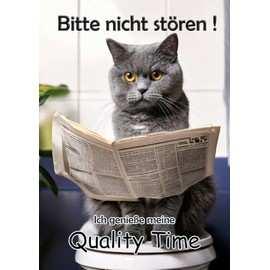 Blechschild Humor Aluminium 20x30cm - auf der Toilette mit Zeitung Katze Britisch Kurzhaar 72