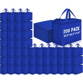 Windyun 200 Pcs Reusable Grocery Bags Large Non Woven Shopping Bags Foldable Portable Tote Bags Bulk(Royal Blue)
