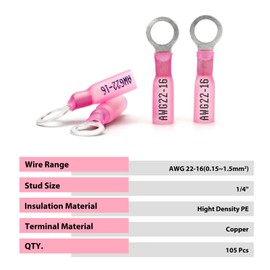 Sanuke 105Pcs 22-16 AWG - 1/4" Heat Shrink Ring Terminals 0.7mm Tinned Pure-Copper Marine Grade Waterproof Heat Shrink Wire Connectors Red
