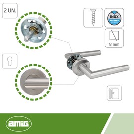 Amig - Set of Handles with Rosette for Doors | 136 x Ø19 mm | Elegant and Simple Design | Ideal for Your Home or Office | Stainless Steel | Matte Silver | Includes Keyhole for cylinders