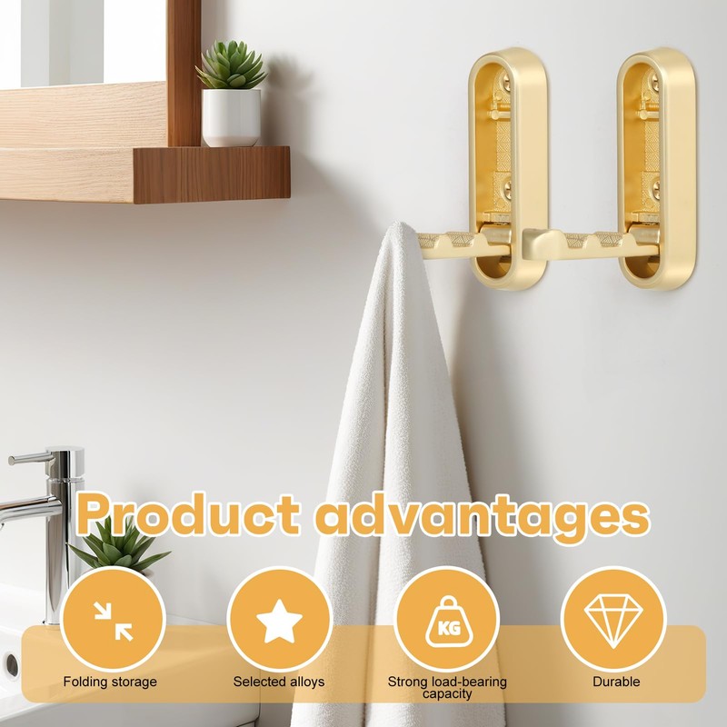 cobmiraln Gold Coat Hooks Foldable Wall Hook - Heavy-Duty Alloy