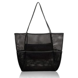 Cadimus Mesh Beach Bag, Foldable Beach Handbag XXL, Beach Tote Bag Women, Mesh Beach Bag with Multiple Pockets and Inner Pockets with Zip, for Family, Beach, Camping, Shopping, Travel, black