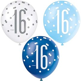 Unique 83395 Polka Dots 16th Birthday Latex Balloons, 12" | Assorted | 6 Pcs, Blue, Age 16