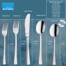 Amefa 45-Piece Silverware Flatware Cutlery Set Service for 8, Durable 18/10 Stainless Steel High Gloss Mirror Finish, tableware in Ergonomic Design Size and Weight, Dishwasher Safe (Atlantic)