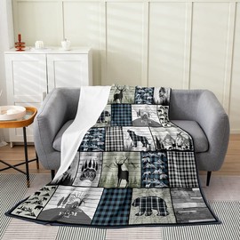 Feelyou Wildlife Flannel Fleece Blanket Set Rustic Western Cabin Bear Deer Plush Throw Blanket, for Sofa Couch Blue Grey Buffalo Check Bedding All Season,Bed Blanket Set Room Decor Throw 50"x60"