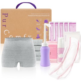 PurComfy 18 Pcs Postpartum Essentials Recovery Kit, Includes 5 Disposable Underwear, 24 Perineal Soothing Pad Liners, Perineal Soothing Foam, 5 Instant Ice Pads, Peri Bottle and 5 Postpartum Pads