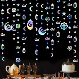 68 ft Eid Decorations Iridescent Eid Mubarak Garland Ramadan Hanging Background Pendant Rainbow Star Moon Circle Dot Light Streamer Ornament for Islam Muslim Eid Ramadan Wedding Birthday