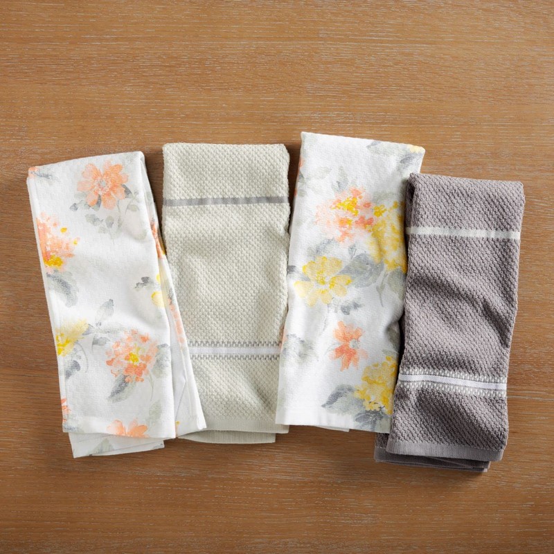 Martha Stewart Amber Floral Kitchen Towel Set 4-Pack, Yellow/Coral, 16"x28"