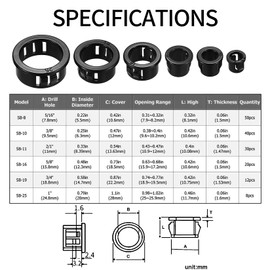 170 Pcs Cable Snap Bushing Grommets, Black Round Nylon Snap in Cable Grommet Protector, 5/16" 3/8" 1/2" 5/8" 3/4" 1" Cable Snap Hole Plugs Locking Bushing Assortment Kit