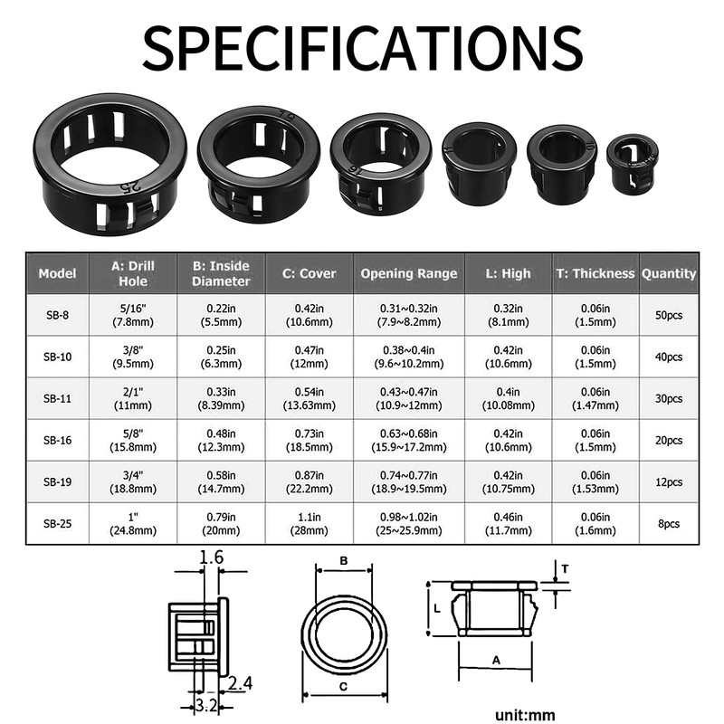 170 Pcs Cable Snap Bushing Grommets, Black Round Nylon Snap