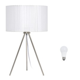 Simple Designs LT2006-WHT-LB 19.69" Brushed Nickel Tripod Table Lamp and Pleated Silk Sheer Shade with LED Bulb, White