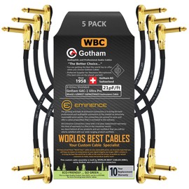 WORLDS BEST CABLES 5 Units - 9 Inch - Gotham GAC-1 Ultra Pro - Low-Cap (21pF/ft) Guitar Bass Effects Instrument, Patch Cable & Gold (6.35mm) Low-Profile R/A Pancake type Connectors - CUSTOM MADE