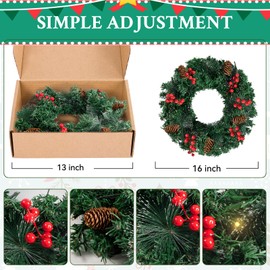 Fohil 16 Inch Christmas Wreath, Pre-Lit Christmas Garlands 30 LEDs Lights 8 Modes Xmas Door Decoration with Pine Cones, Berry Clusters,Metal Hanger for Mantle Outdoor Indoor Front Door Window