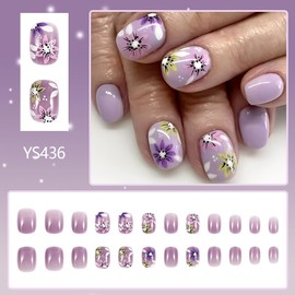 Spring Flower Press on Nails Short Square Fake Nails Gradient Purple Nails Press ons with Ombre Flowers Designs Cute Acrylic Nail Kit Spring Summer Nail Designs Floral Glue on Nails for Women 24Pcs