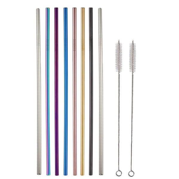 10.5 Inch Long Stainless Steel Straws with 2 Cleaning Brush Reusable Colored Metal Drinking Straws Long Straight Straws For 30oz Tumbler,Starbucks, Mason Jar (8 Long Stright)