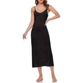Summienlink Women's Long Full Slip for Under Dresses V Neck Nightgown Sexy Cami Dress (Black, Large)