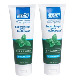 Epic Epic Fluoride & Xylitol Toothpaste for Adults - 31% Xylitol for Clean Teeth - SLS Free Toothpaste with Fluoride for Oral Care - Spearmint Flavored, 4.9oz Tube (Pack of 2)