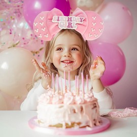 Tarocynn Birthday Mouse Ears Headband, Velvet Bow Headbands for Women Party Favors Cosplay Accessories (Pink White)