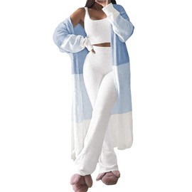 TOLENY Pajamas Sets for Women 3 Piece Fuzzy Outfits Jacket Crop Tank Wide Leg Pants Sweatsuit Lounge Sets Sapphire Blue L