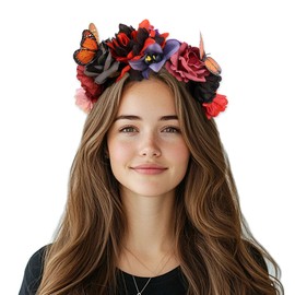 Yheahin Mexican Rose Flower Crown Headband for Women Butterfly Floral Headpiece Day of The Dead Headband Cosplay Party Costume Flower Hair Accessories (Butterfly 3- red, Elastic)