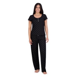 Aerosoles Women's Printed Waffle Henley Lounge Cozy Pjs 2 Piece Lounge Cotton Pajama Set, Diamond Dots, X-Large