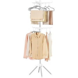 SUYU Clothes Drying Rack,Folding Clothes Drying Tree, 2 Layer with 6 Rotatable Arms,72-Inch Indoor Clothes Rack,Stainless Steel,4 Legs,White and Silver SNJ202