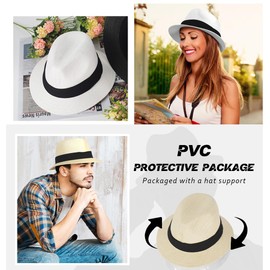 Mens Straw Panama Fedora Sun Hat Summer Beach Trilby Hats (F039-Cream-L)