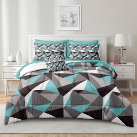 MOVE OVER Teal Gray Bed in a Bag Queen Size 8 Pieces Geometric Comforter Set Modern Triangle Bedding with Sheet Set Teal Blue Comforter Set for All Season