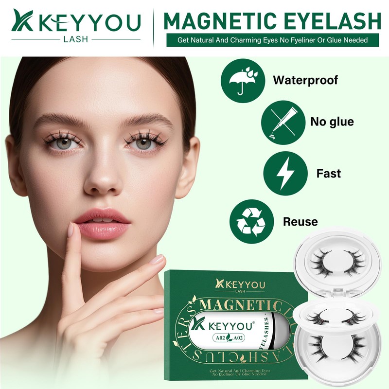 KEYYOU Daily Wear Reusable Magnetic Eyelashes 2 Pair with Applicator