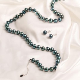 COYATE Tahitian Cultured Black Pearl Necklace & Earrings Set | 7.5-8mm Round Exotic Pearls with 925 Sterling Silver Clasp | Luxury Jewelry Gift for Wife/Mom/Girlfriend, 18"+2" Extender