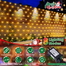 Hezbjiti Christmas Net Lights, 280 LED Mesh Lights 9.8FT x 6.6FT 8 Modes Waterproof Outdoor Christmas Decoration Lights Green Wire for Bushes, Trees, Lawn, Yard, Garden Party (Warm White)