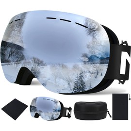 Mixiu Ski Goggles, Spherical Lens, Flameless Snow Goggles, Wide Angle View, UV 400 Protection, Blocks 99% of UV Rays, Anti-Fog, Can Wear Glasses, Helmet Compatible, Anti-Slip Belt, Cleaning Cloth Included, Storage Bag, Storage Case, Unisex