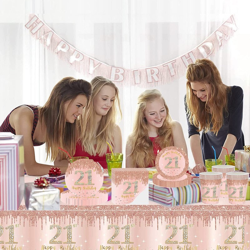 Happy 21st Birthday Paper Plates 7" Rose Gold,16Pcs Girls Birthday
