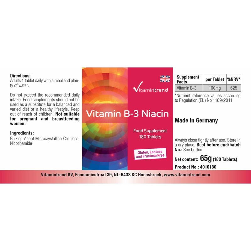 Vitamin B3 Niacin 100 mg - 180 Tablets - For
