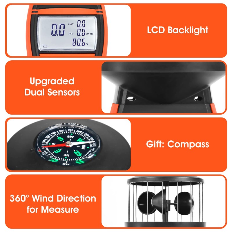 GOYERRNES Handheld Cup Anemometer with Compass, 360° Wind Measuring Digital