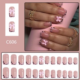 24Pcs Valentine's Day False Nails, Bow Tie Valentine's Day Fake Nails Short, Leopard Glossy Press on Nails with Glue, Acrylic Nails Full Cover Stick on Nails for Women and Girls